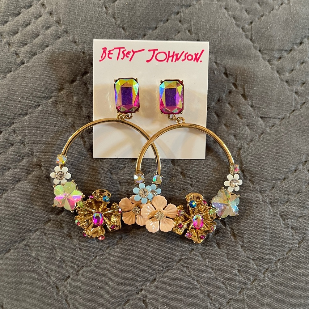 Betsey Johnson Floral Gem Hoop Earrings NWT